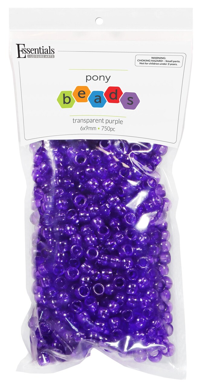 Essentials by Leisure Arts Pony Bead 6mm x 9mm Transparent Purple Plastic Pony Beads Bulk 750 pieces for Arts, Crafts, Bracelet, Necklace, Jewelry Making, Earring, Hair Braiding